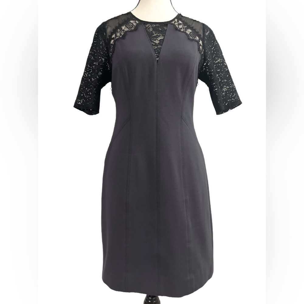 Rebecca Taylor Dark Gray Cocktail Dress with Lace Insets & sleeves - Size 2